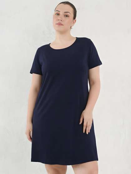 GlamZei Women Navy
                        Blue Solid Round Neck Knee Length Casual Shift
                        Dress