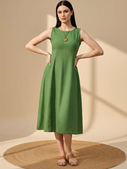 PURVAJA Linen A-Line
                        Midi Dress