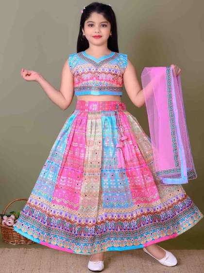 KALINI Girls Printed
                    Mirror Work Ready to Wear Lehenga & Blouse With
                    Dupatta