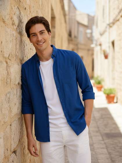 Mast & Harbour
                        Men Blue Regular Fit Solid Casual Linen Cotton
                        Shirt