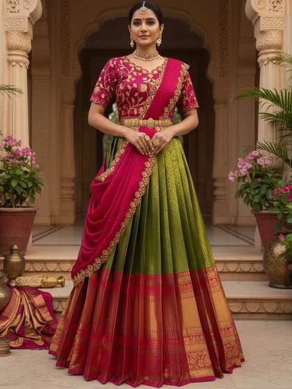 Pink Bindi
                        Embroidered Unstitched Lehenga & Blouse With
                        Dupatta