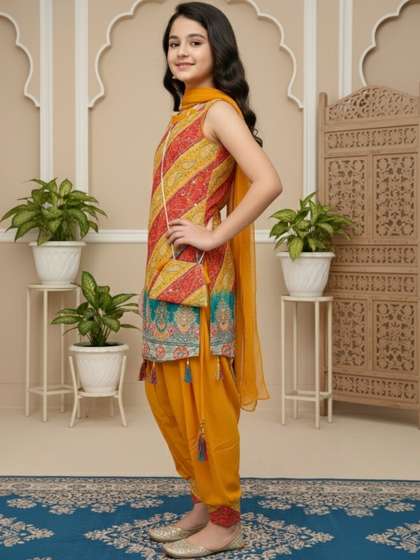 KALINI Girls Ethnic
                    Motifs Printed Sequinned Pure Silk Kurta with
                    Patiala & Dupatta