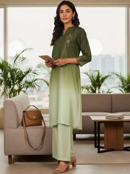 Varanga Women Ombre
                        Dyed Regular Thread Work Kurta with Trousers