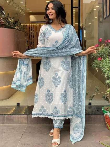 Keitra Women
                          Ethnic Motifs Printed Regular Kurta with
                          Trousers & With Dupatta