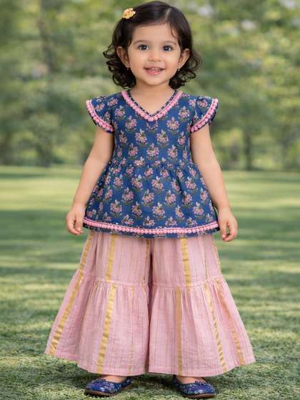 Pspeaches Baby Girls
                    Blue And Pink Booti Cotton Kurta Sharara Set