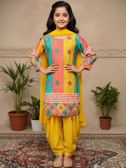 KALINI Girls Ethnic
                      Motifs Regular Sequinned Pure Silk Kurta with
                      Patiala & With Dupatta
