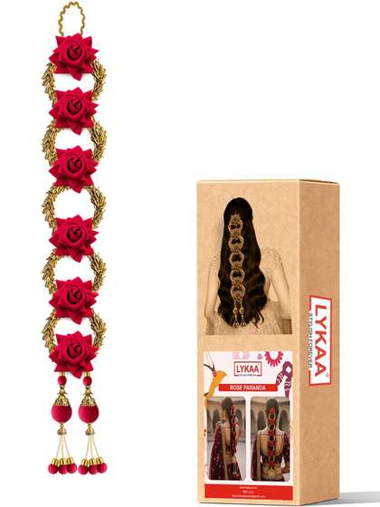 LYKAA Rose Flower Hair
                    Parandi with Golden Beads & Tassels