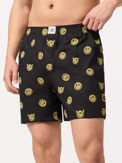 The Souled Store Men
                        Regular Fit S.W.SMILEY Printed Black Boxer
                        Shorts