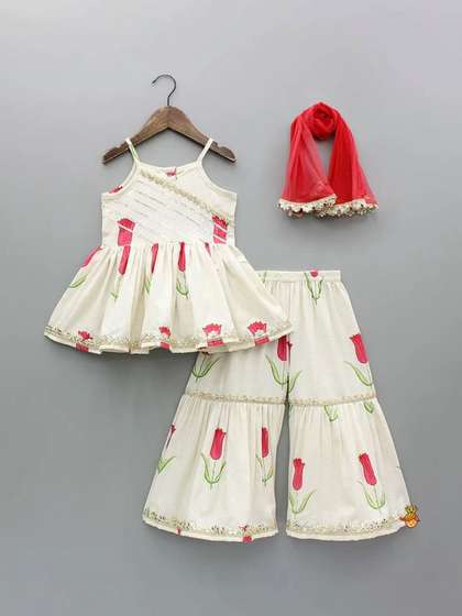 Heerkart Girls Floral
                    Printed Regular Gotta Patti Raw Silk Top with
                    Sharara & With Dupatta