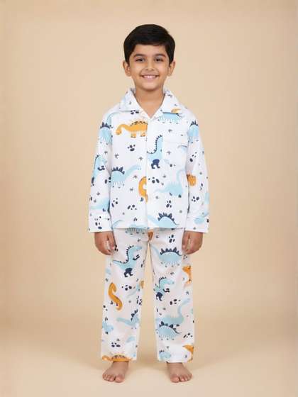 The Mom Store Kids White
                    & Blue Printed Dino Trip Night suit