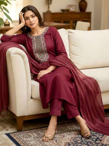 BILANZA Women
                          Ethnic Motifs Embroidered Regular Thread Work
                          Kurta with Trousers & With Dupatta