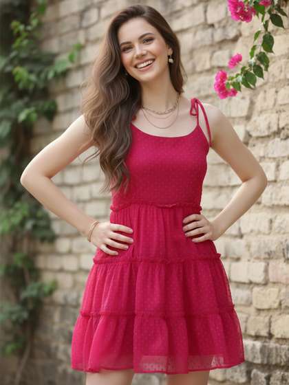 Berrylush Women Pink
                        Dobby Tiered Georgette Mini Dress