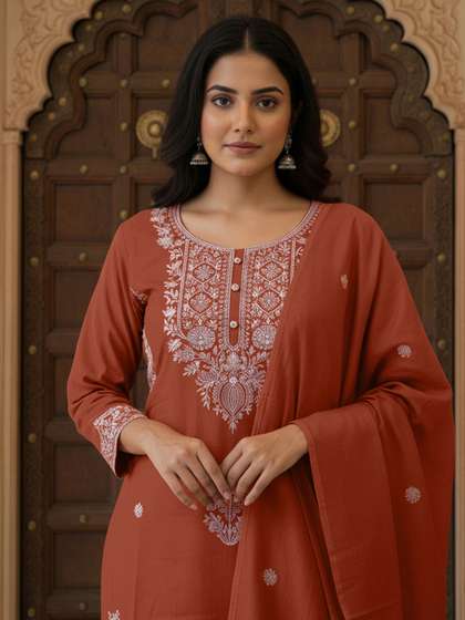 Skylee Pop Women
                        Ethnic Motifs Embroidered Regular Thread Work
                        Kurta with Trousers & With Dupatta