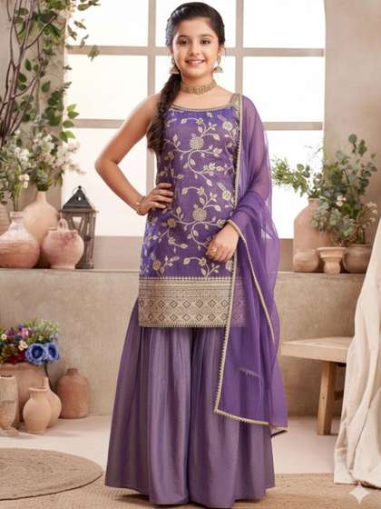 Wommaniya Impex Girls
                    Floral Embroidered Regular Thread Work Kurta with
                    Sharara & With Dupatta