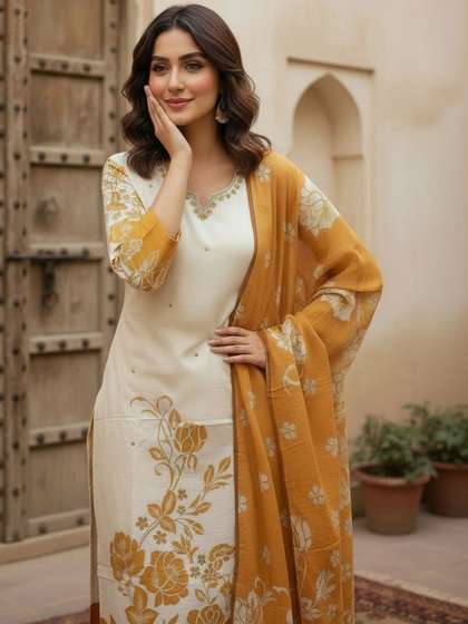 Anouk Women Floral
                        Embroidered Thread Work Pure Cotton Kurta with
                        Trousers & With Dupatta