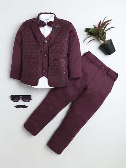 Sangria Boys Geometric
                    Jacquard Woven 3-Piece Suit Set With Bow Tie