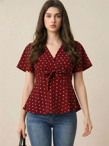 SZN Polka Dot Print
                      Crepe Wrap Top