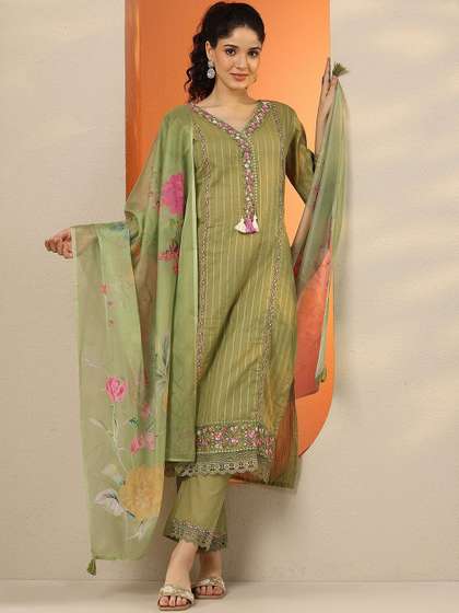 Libas Women Floral
                          Embroidered Panelled Thread Work Kurta with
                          Trousers & With Dupatta