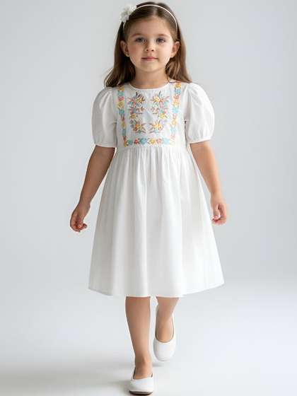 Sangria Girls
                    Embroidered Cotton Puff Sleeve Dress