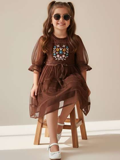 Sangria Girls
                    Embroidered Net Dress With Full Sleeves & Tassel
                    Belt
