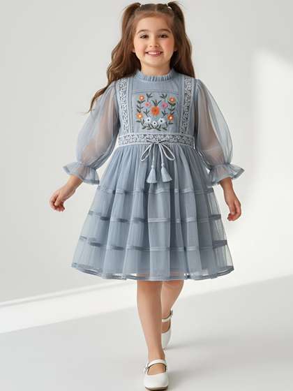 Sangria Girls
                    Embroidered Full Sleeves Dress With Tassel Belt