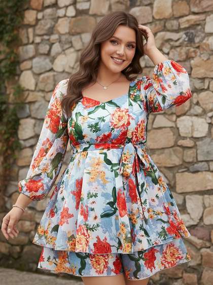 Berrylush Curve
                          Floral Printed Waist Tie Ups Playsuit