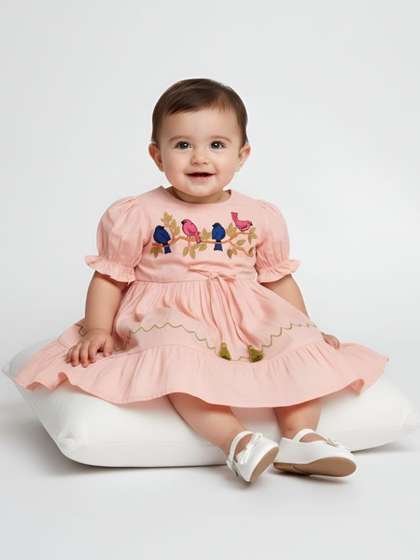 Sangria Girls
                    Embroidered Bird Motif Cotton Dress with Puff
                    Sleeves & Tassels
