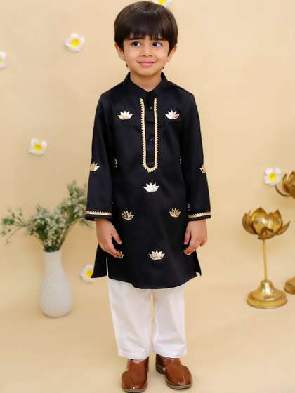 MUDKID Boys Ethnic
                    Motifs Embroidered Regular Thread Work Raw Silk
                    Kurta with Pyjamas