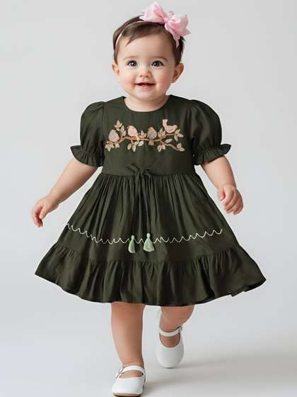 Sangria Girls
                      Embroidered Cotton Dress with Puff Sleeves &
                      Tassels
