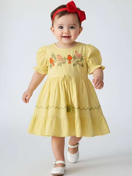 Sangria Girls
                    Embroidered Bird Motif Cotton Dress with Puff
                    Sleeves & Tassels