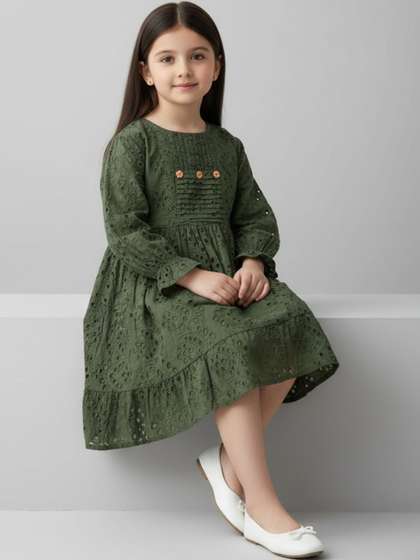 Sangria Girls Schifli
                      Cutwork Cotton Dress With Pleated Yoke