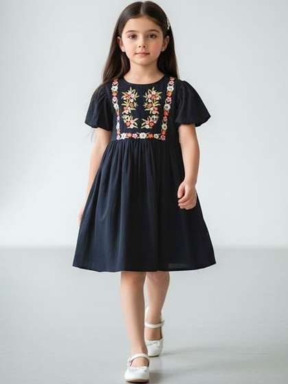 Sangria Girls
                    Embroidered Cotton Round Neck Fit & Flare Knee
                    Length Dress