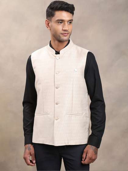 Turtle Woven Design
                        Mandarian Collar Neck Woven Nehru Jacket