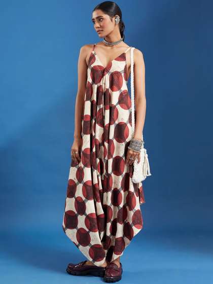 Taavi Pure Cotton
                        Geometric Handblock Printed Shoulder Adjustable
                        Strap Jumpsuit