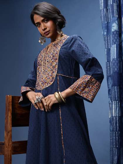 Taavi Ethnic Motifs
                        Printed Pure Cotton A-Line Kalamkari Ethnic
                        Dress