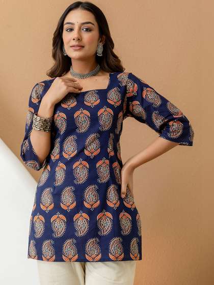 HERE&NOW Ethnic
                        Motifs Printed Square Neck Pure Cotton Kurti