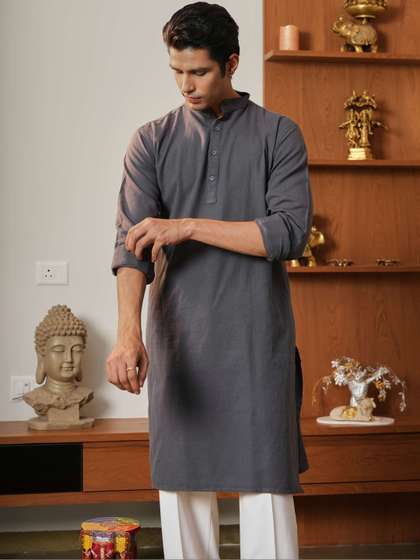 Anouk Men's Classic
                        Grey Solid Cotton Straight Long Kurta