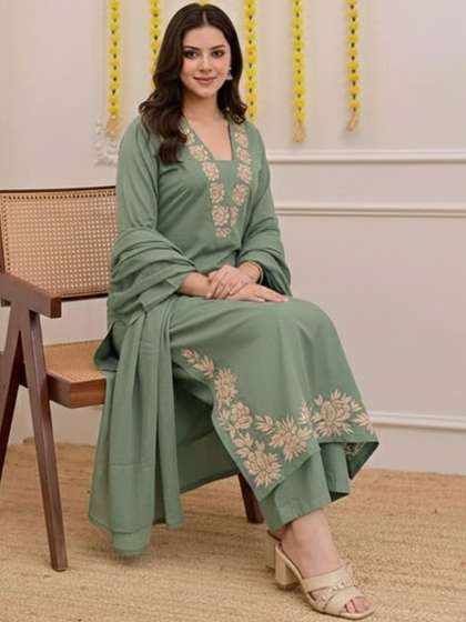 Aaghnya Women
                          Ethnic Motifs Embroidered Regular Thread Work
                          Kurta with Trousers & With Dupatta