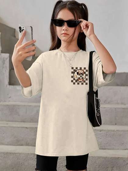 KEESOR Girls Printed
                      Drop-Shoulder Sleeves T-shirt