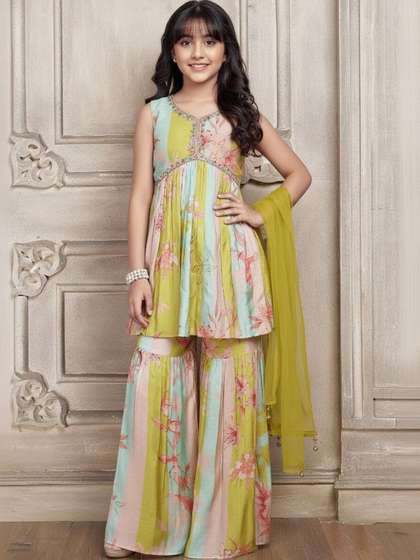 KALINI Girls Floral
                    Printed Empire Kurti with Sharara & With
                    Dupatta