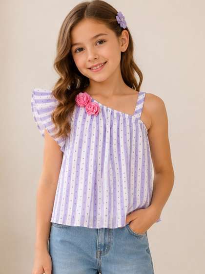 CUTECUMBER Striped One
                    Shoulder Flutter Sleeve Ruffles Top