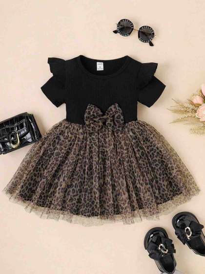 SHUBH BELLA Animal
                      Print Flutter Sleeve Ruffled A-Line Dress