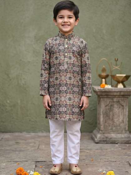 Cae Boys Ethnic Motifs
                    Printed Mandarin Collar Sequinned Straight Kurta
                    With Pyjama