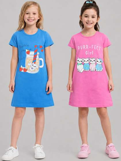 Todd N Teen Girls Pack
                      of 2 Pure Cotton Graphic Printed Nightdress