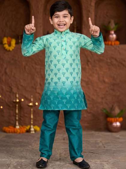 BAESD Boys Ethnic Motifs
                    Printed Mandarin Collar Dupion Silk Straight Kurta
                    With Pyjamas