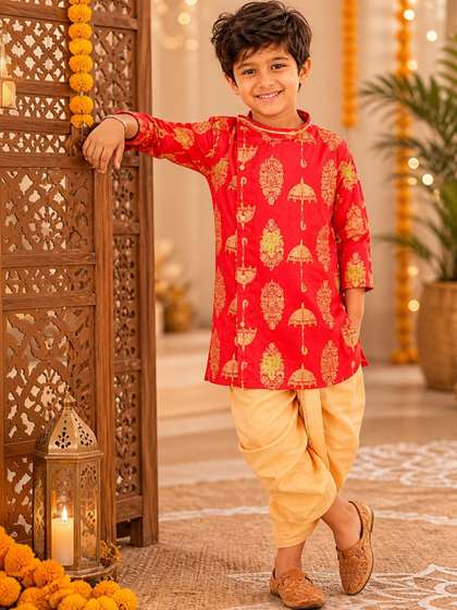 Superminis Boys Ethnic
                    Motifs Printed Angrakha Pure Cotton Straight Kurta
                    With Dhoti Pants