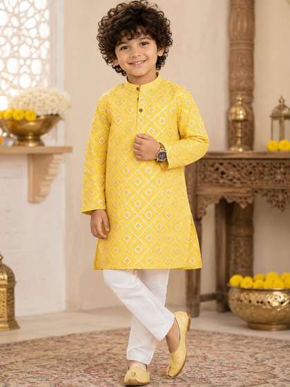 Superminis Boys Yellow
                    Ethnic Motifs Printed Pure Cotton Kurta with
                    Pyjamas