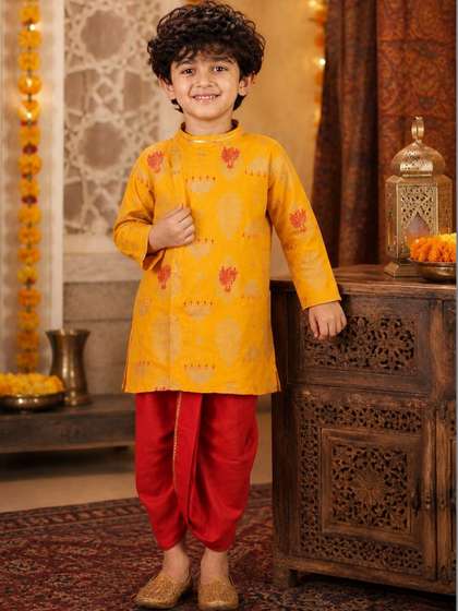 Superminis Boys Ethnic
                    Motifs Printed Angrakha Pure Cotton Straight Kurta
                    With Dhoti Pants