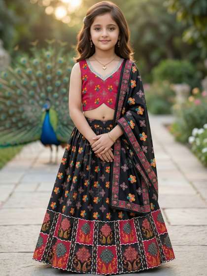KALINI Girls Black Red
                    Ethnic Floral Motifs Festive Printed Ready To Wear
                    Lehenga Choli