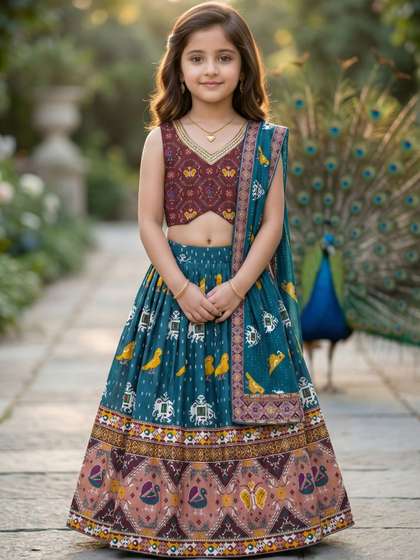 KALINI Girls Teal Blue
                    Maroon Patola Print Ready To Wear Lehenga Choli
                    Dupatta